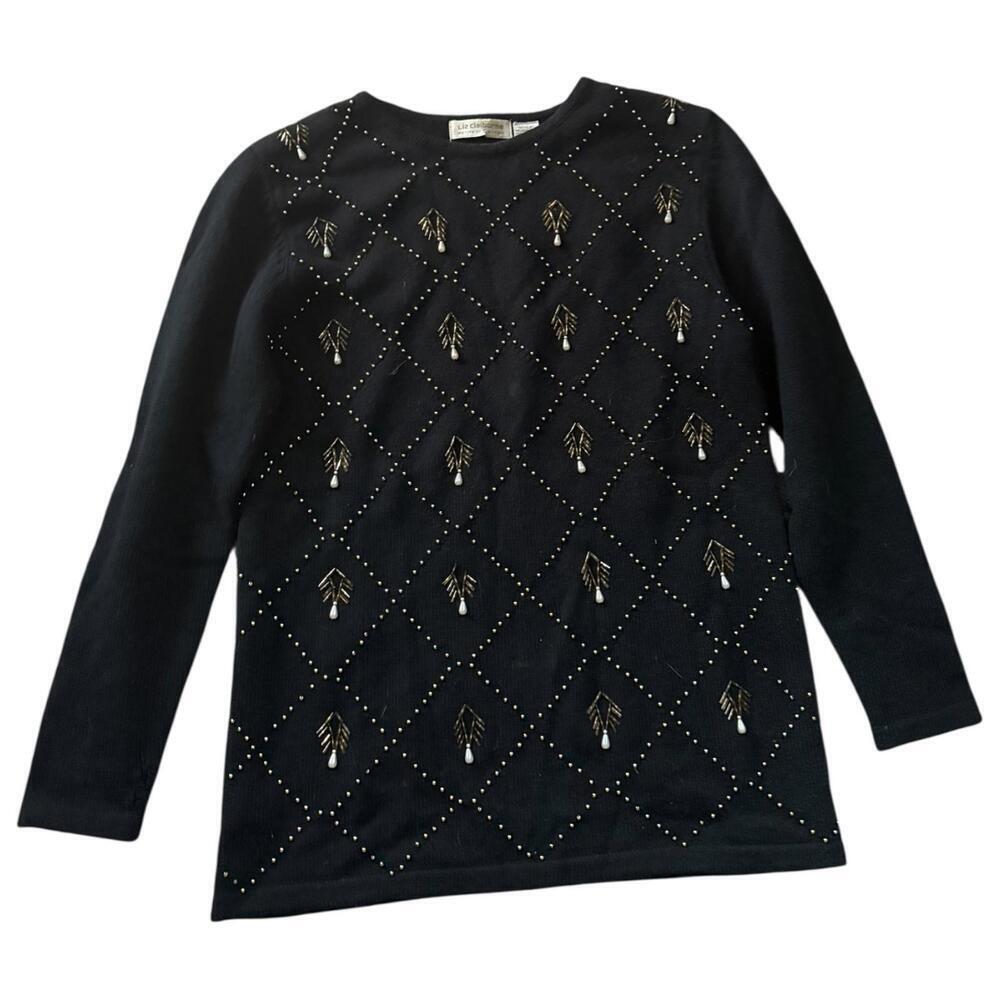 Liz Claiborne Petite Black Beaded Argyle Sweater Women’s P